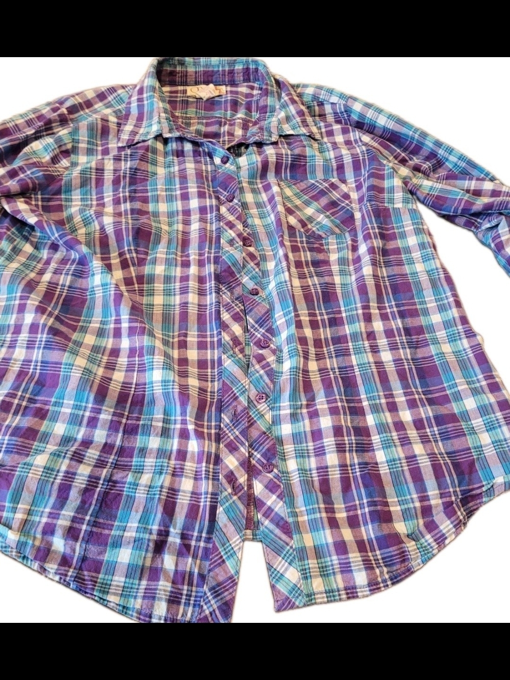 SO Women’s XXL 2X Purple Plaid Button Front Shirt 100% Cotton Long Sleeve